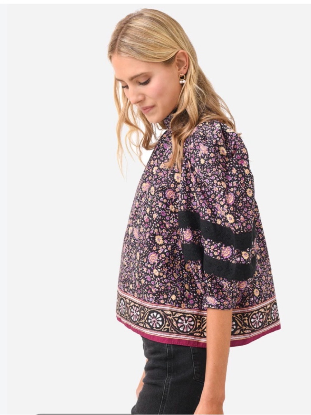 HUNTER BELL Molly top Black Floral Puff-Sleeve Blouse
